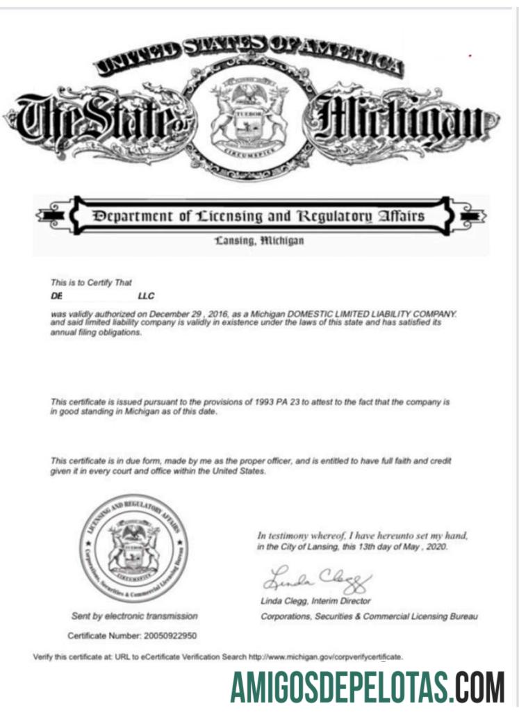 Exemplo de Certificado de Regularidade dos EUA Michigan